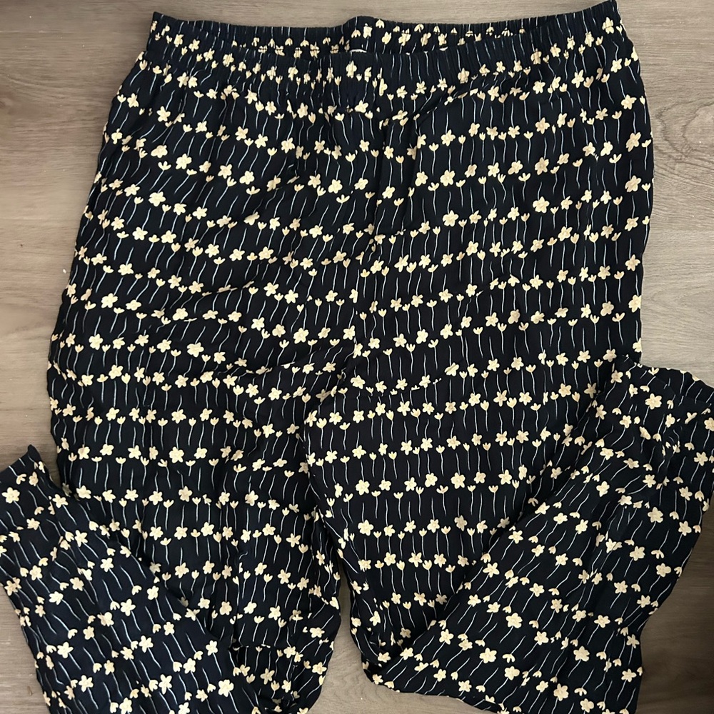Vintage Navy Floral Pants with Elastic Waistband